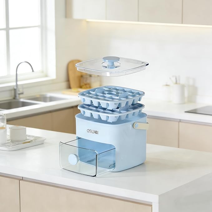 Ice Cube Tray with Lid and Bin, Pack Stackable Ice Tray with Bin and Scoop - Image 6