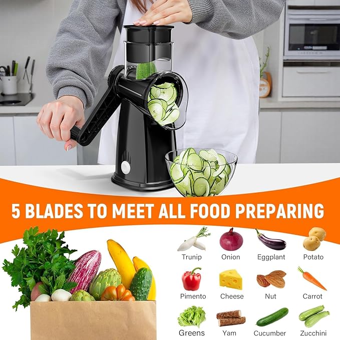 5 Blades Rotary Cheese Grater Hand Crank Vegetable Chopper Shredder Spiralizer - Image 3
