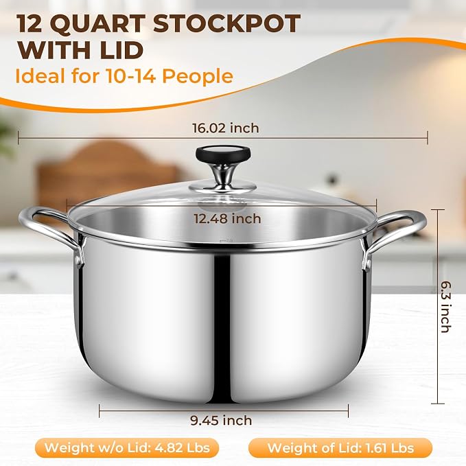 Tri-Ply Stainless Steel Stock Pot, 12 Quart Heavy Duty Induction Cooking Pot - Image 2