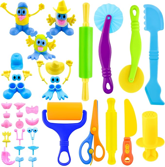 Dough Play Tools for Kids, Rolling Pins, Safety Scissors, Plastic Knife by iShyan