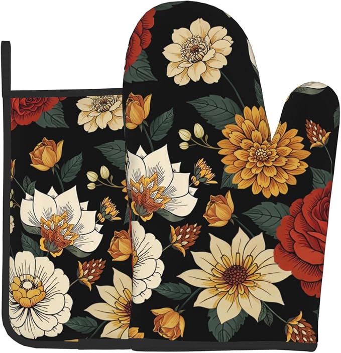 Boho Floral Oven Mitts and Pot Holders Sets of 2 Vintage Kitchen Mitts Bohemian by DZGlobal
