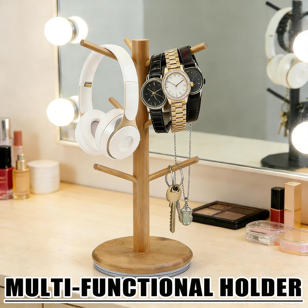 Coffee Mug Tree, 360° Rotated Mug Holder with 6 Hooks, Bamboo Latte