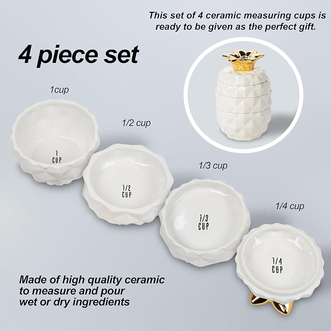 Set of 4 Decorative Pineapple Shaped Stackable Ceramic Kitchen Measuring Cups - Image 3