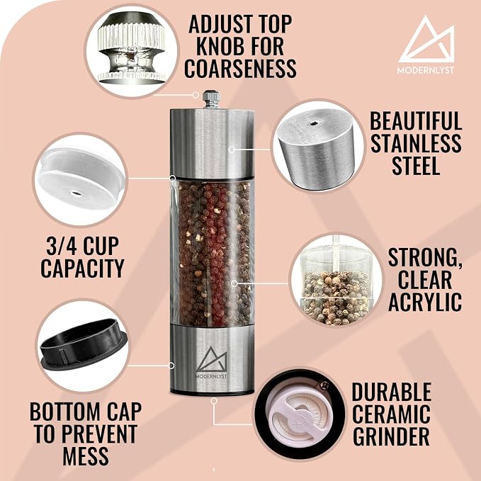 Salt and Pepper Grinder Set Manual 2 Pack | Large Round Salt and Pepper Shakers - Image 4
