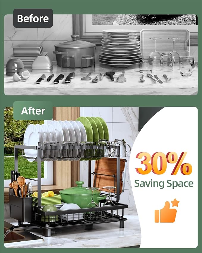 Dish Drying Rack, 2 Tier Space-Saving Dish Rack - Image 3