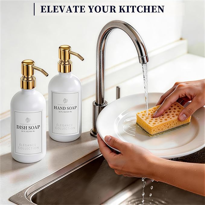 White Glass Soap Dispenser Set of 2, 16oz Hand and Dish Soap Dispenser - Image 6