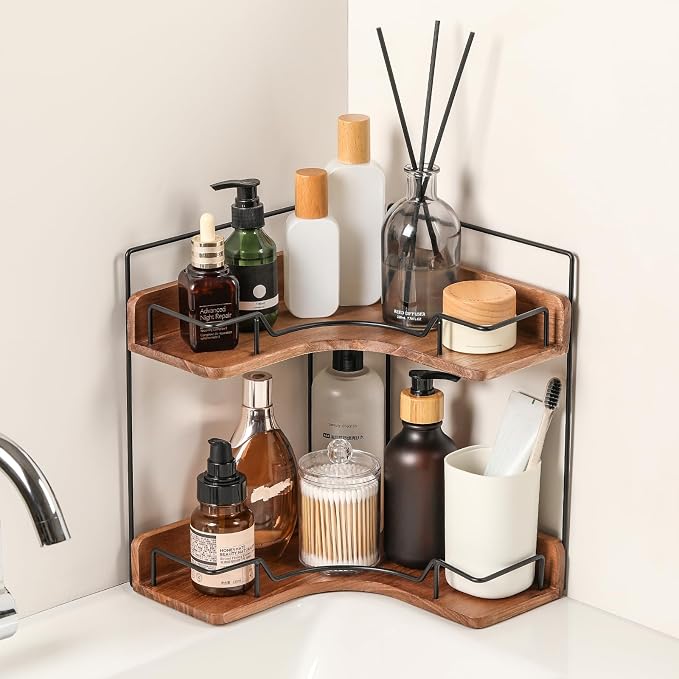 2-Tier Bathroom Counter Organizer, Wooden Corner Shelf by Unknown