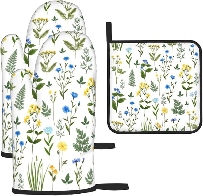 Blue Yellow Green Floral Oven Mitts & Pot Holders Sets of 3, Heat Resistant Sky by Unknown