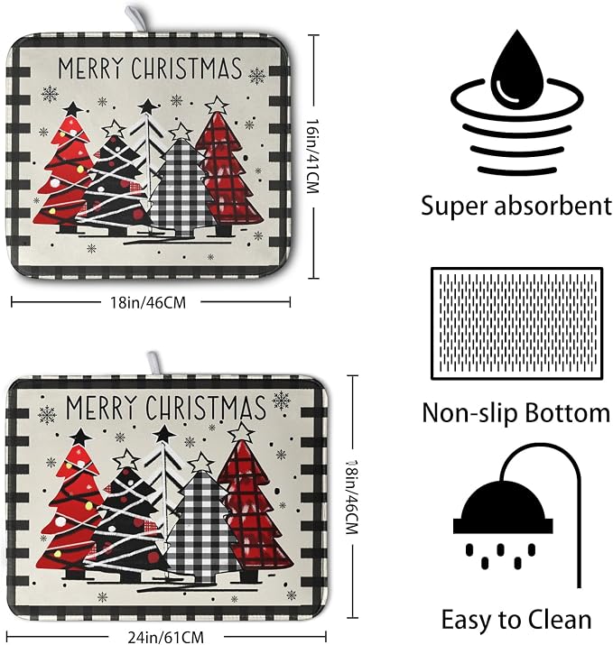 Christmas Trees Kitchen Dish Drying Mat 18x24 Inch Merry Christmas Black White - Image 2
