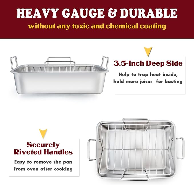 E-far 14 x 10.6 Inch Roasting Pan, Stainless Steel Turkey Roaster - Image 4