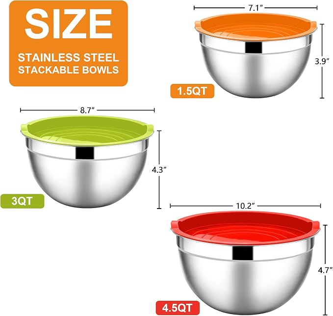 E-far Mixing Bowls with Lids, 6-Piece Stainless Steel Salad Bowls Metal Nesting - Image 2