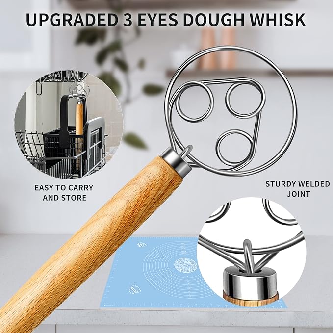 TEEVEA Danish Dough Whisk for Bread Sourdough, Wooden Handle & Stainless Steel - Image 2