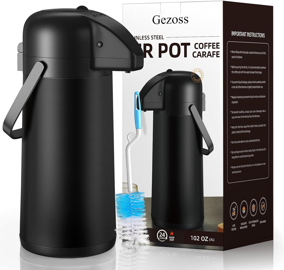 Coffee Carafe for Keeping Hot, 102OZ / 3L Airpot Coffee Dispenser with