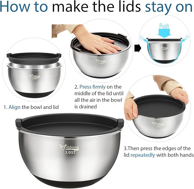 Wildone Mixing Bowls with Airtight Lids, Stainless Steel Nesting Mixing Bowls - Image 7