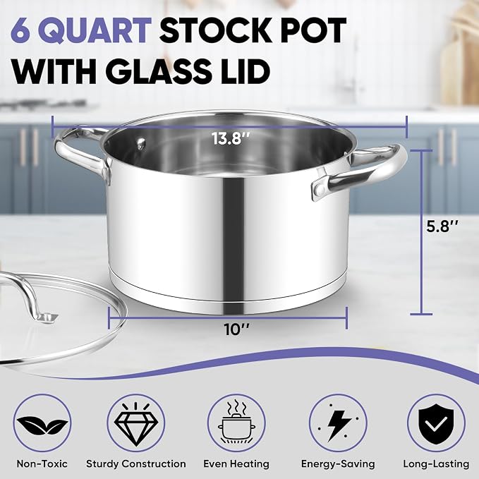 TeamFar 6QT Stainless Steel Stock Pot, Tri-ply Base Cooking Pasta Sauce Soup Pot - Image 2