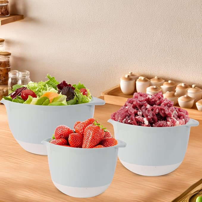 3 Plastic Mixing Bowls with Lids, Pour Spout, TPR Bottom, Mixing Bowl Set - Image 6