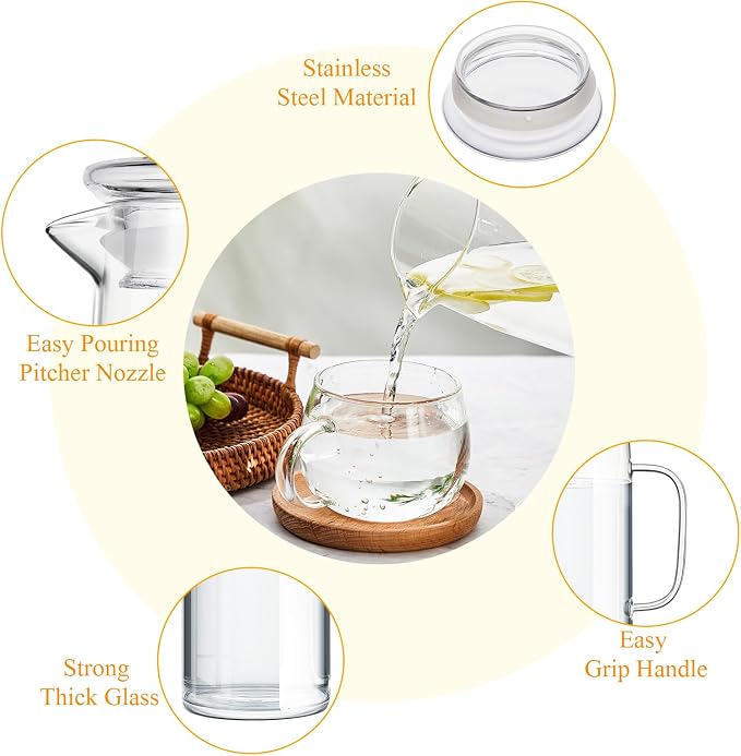 Hsei 2 Sets Glass Pitcher with Lid, 50 oz / 1500 ml Water Carafe with Handles - Image 3