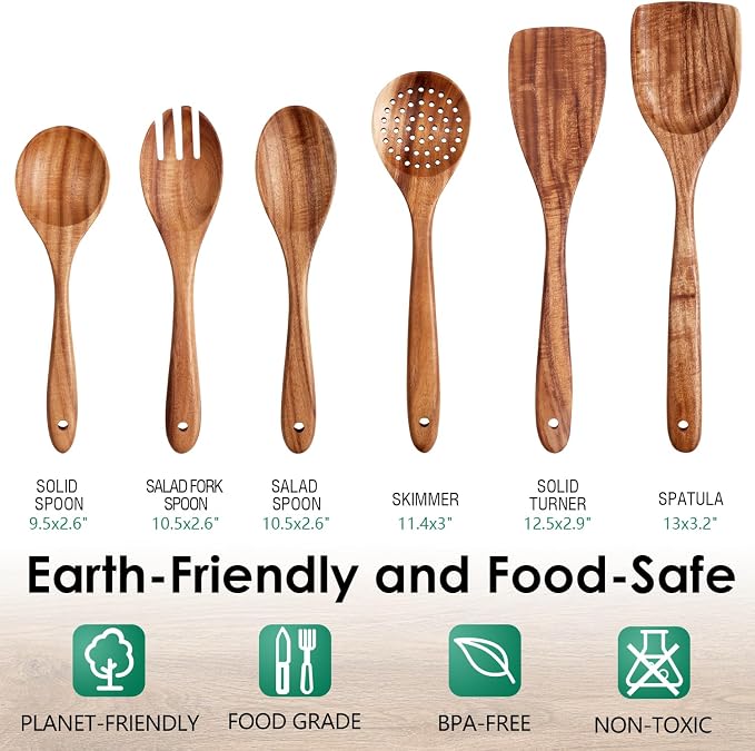 HOWHONG Wooden Spoons for Cooking, Teak Wood Kitchen Utensil Set, Premium - Image 2