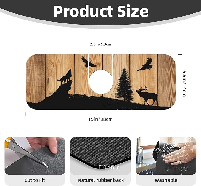 Retro Rustic Wolf Deer Forest Brown Wood Dish Drying Mat - Image 3