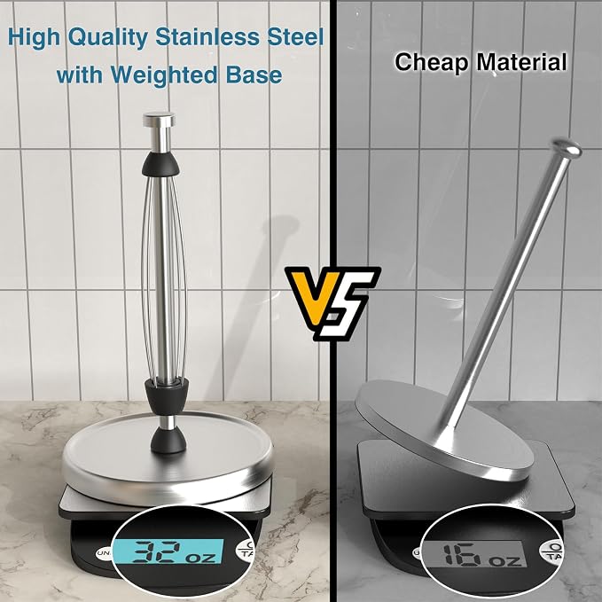 Paper Towel Holder Countertop, One-Handed Tear, Stainless Steel, Weighted Base - Image 5