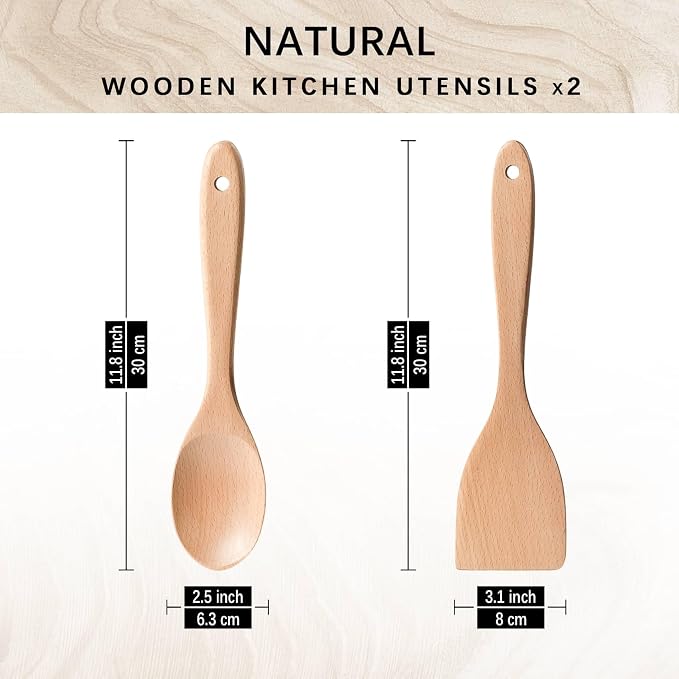 2pcs Wooden Spatula Spoon for Cooking, Thicker 12inch Coated Beech Wood Turners - Image 2