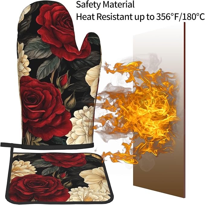 Boho Oven Mitts and Pot Holders Sets Vintage Peony Flowers Kitchen Mitts - Image 5