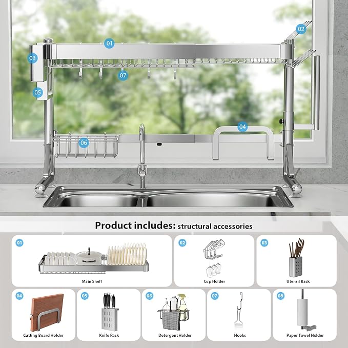 Over The Sink Dish Drainer Drying Rack, 2 Tier Adjustable Width 304 Stainless - Image 6