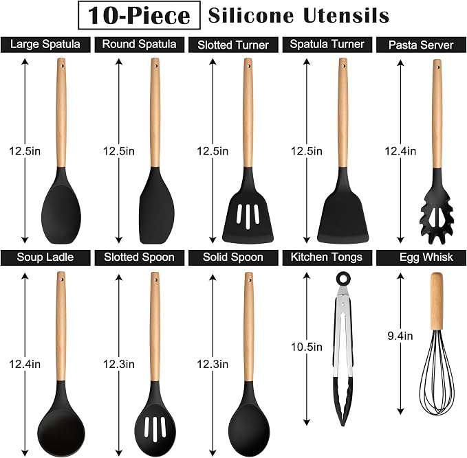 E-far Silicone Cooking Utensils Set, 10-Piece Black Kitchen Utensils Set - Image 2