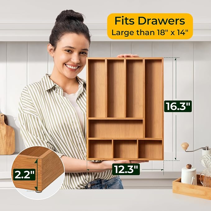 Carbonized Bamboo Kitchen Drawer Organizer, 8 Slots Silverware Organizer - Image 4