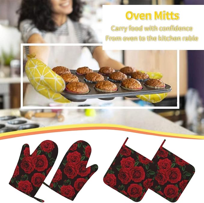 Red Black Rose Flower Oven Mitts and Pot Holders Sets of 4, Heat Resistant - Image 7