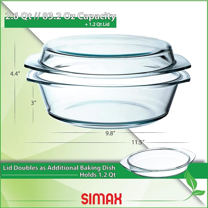 Simax Casserole Dish with Lid, 2.5 Quart Round Glass Casserole Dishes - Image 2