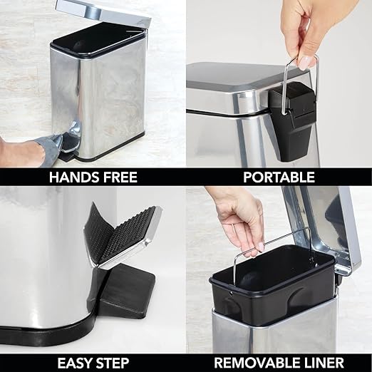 mDesign Small Modern 1.3 Gallon Rectangle Metal Lidded Step Trash Can, Compact - Image 6