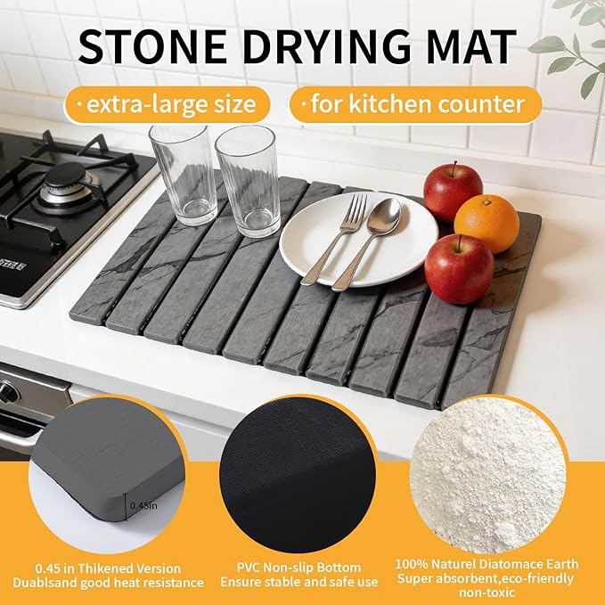 Stone Dish Drying Mat for Kitchen Counter, Foldable Water Absorbing - Image 3