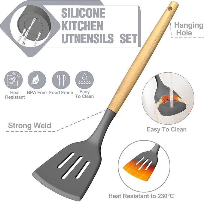 Umite Chef Silicone Kitchen Utensil Set, Wood Handles - Image 7