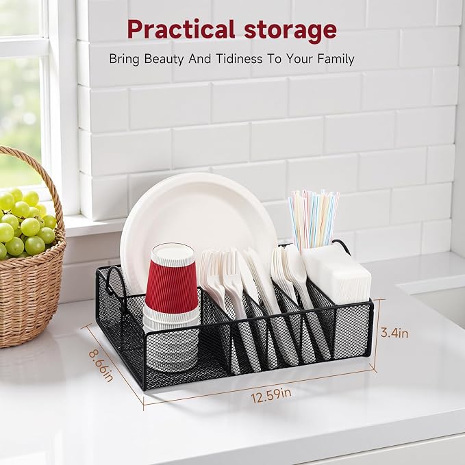 Utensil Caddy with Handle, Metal Paper Plate Holder - Image 2