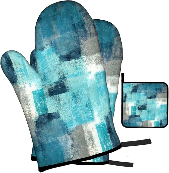 LOKMU Oven Mitts and Pot Holders Set of 3, Teal and Grey White Abstract Art - Image 2