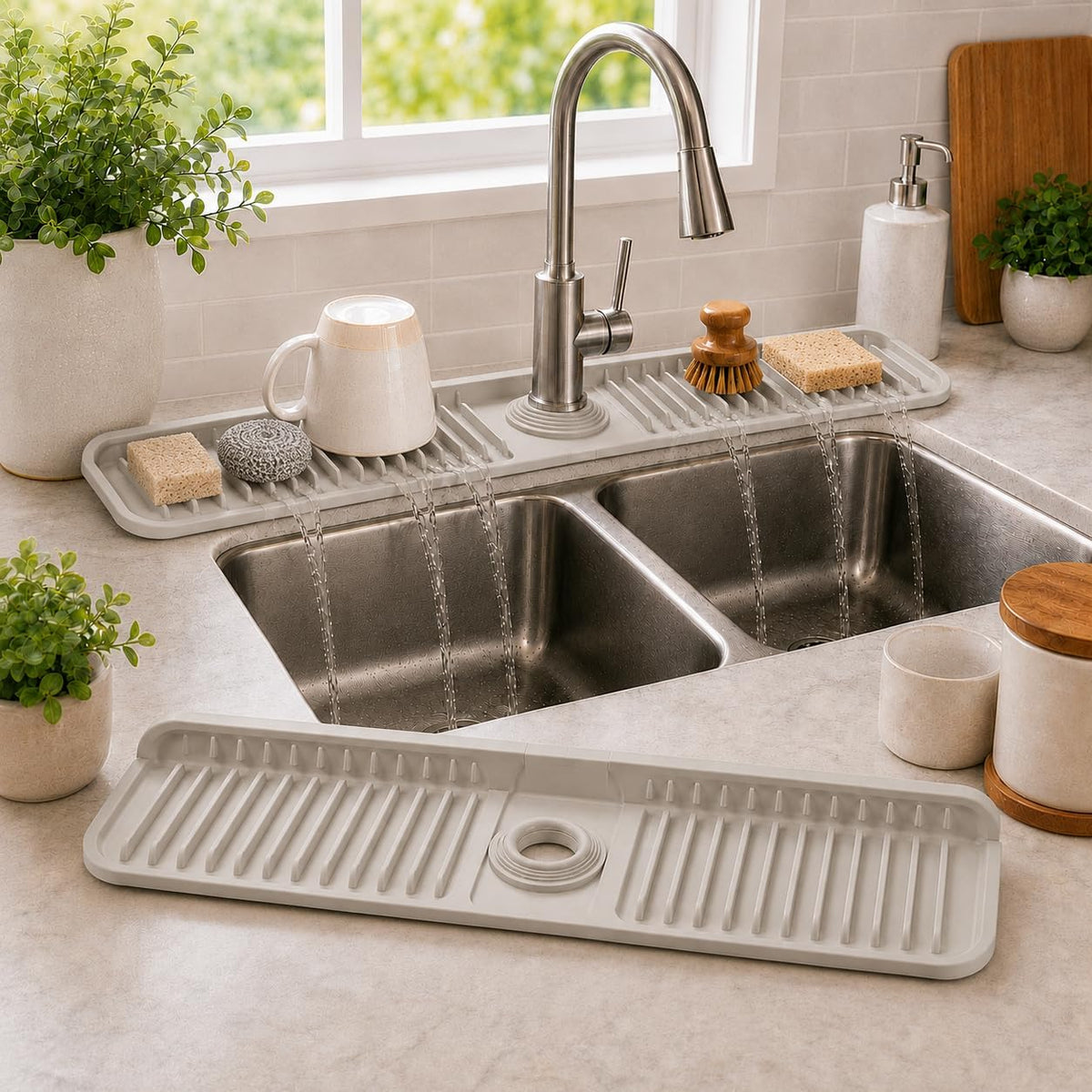 24" Silicone Faucet Mat for Kitchen Sink,7° Draining Mat with Snap