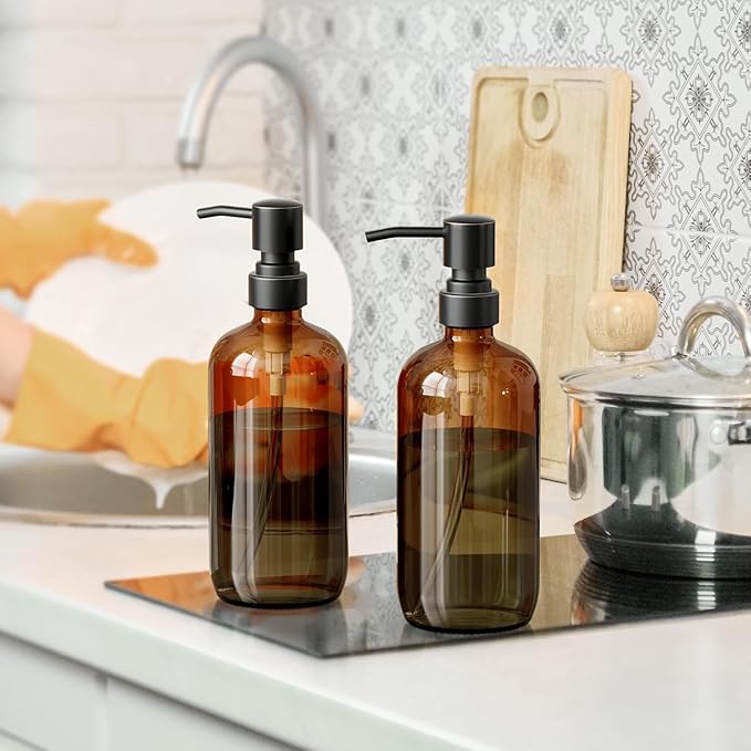 AmazerBath Amber Glass Soap Dispensers, 2 Glass Amber Pump Bottles, 17 Oz Dish - Image 5