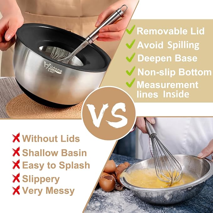 Wildone Mixing Bowls with Airtight Lids, with 3 Grater Attachments, Scale Mark - Image 3