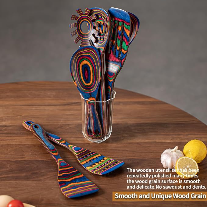 Gudamaye Pakka wood 7-Piece Blue Wooden Cooking Utensils, Wooden Spoons - Image 6