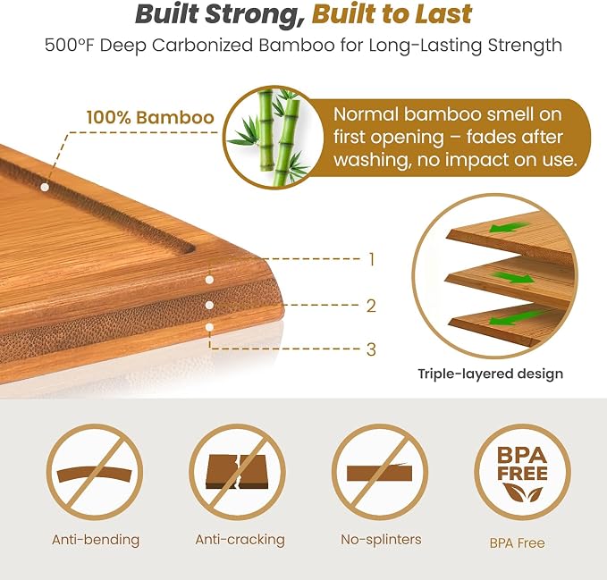 Bamboo Cutting Board Set of 3, Durable Wooden Chopping Boards - Image 2