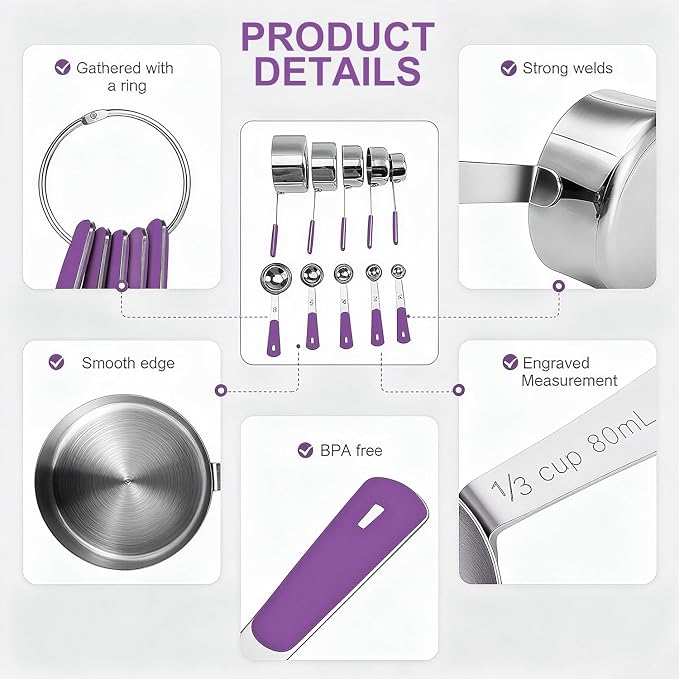 Bopei Measuring Cups and Spoons Set Stainless Steel 10 Piece - Image 4