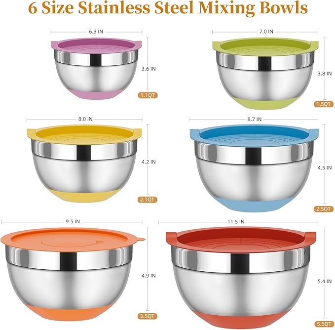 Fyrnova Mixing Bowls with Lids Set, 6 Piece Stainless Steel Nesting Storage - Image 2