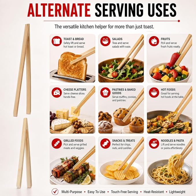 HIC Kitchen Kitchen Toast Tong Set, Natural Bamboo, 6.5 and 12-Inch, 2-Piece Set - Image 7