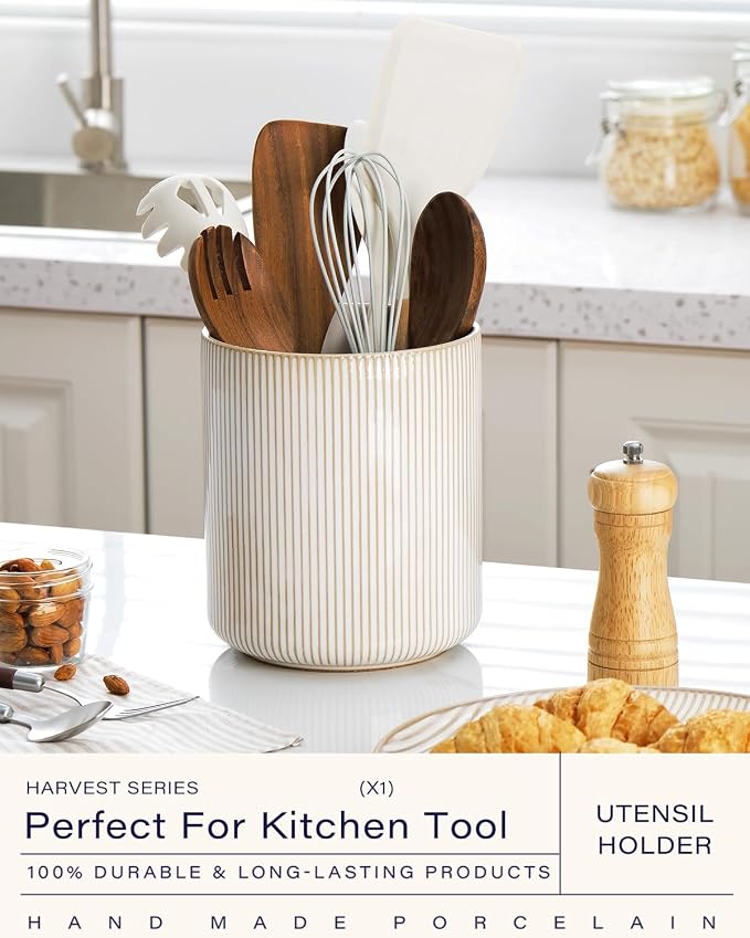 getstar Large Utensil Holder for Kitchen Counter, 7.2" Vintage Ceramic Utensils - Image 2