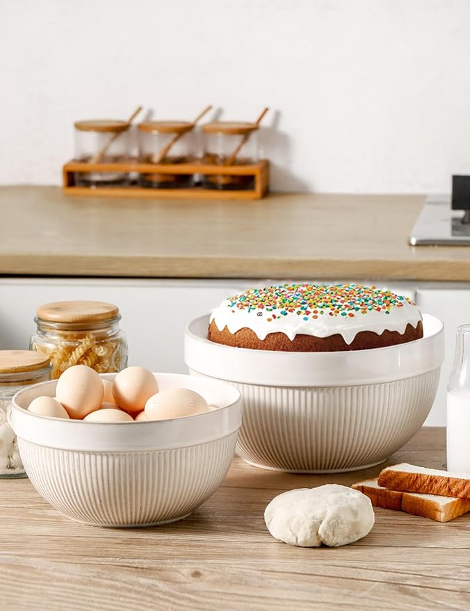Ceramic Large Glazed White Stripe Mixing Bowls - Image 6