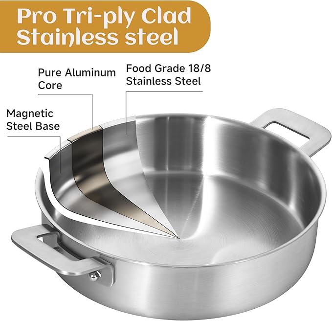 LOLYKITCH Sauté Pan, 7 QT Tri-Ply Stainless Steel Deep Cooking Pot, 12 Inch - Image 3