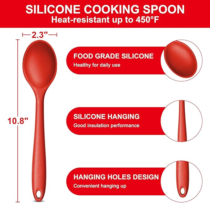 E-far Silicone Cooking Spoon Set of 2, Heat Resistant Kitchen Spoons Utensils - Image 2