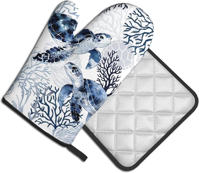 Coastal Oven Mitts and Pot Holders Sets of 2 Summer Kitchen Mitts Blue Sea - Image 2