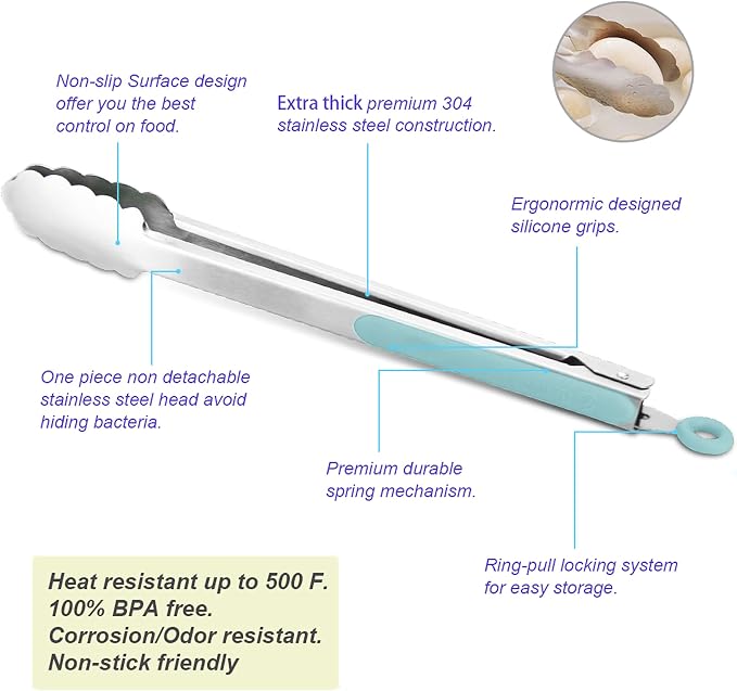 304 Stainless Steel Kitchen Cooking Tongs, Aqua Sky - Image 5